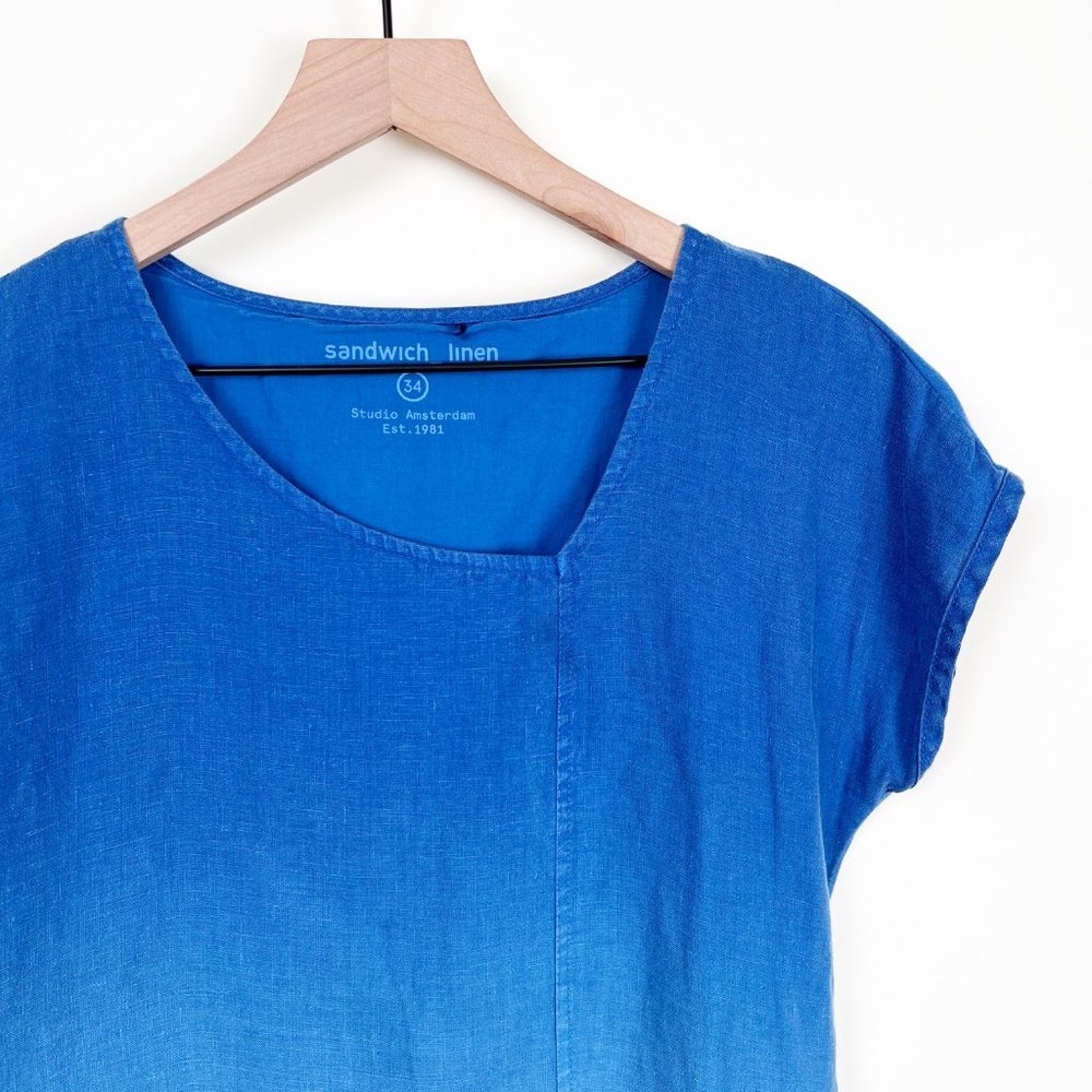 Anthropologie 100% Linen Dip Dye Ombre Mini Midi Dress Casual Sun Summer Pockets - Picture 5 of 10